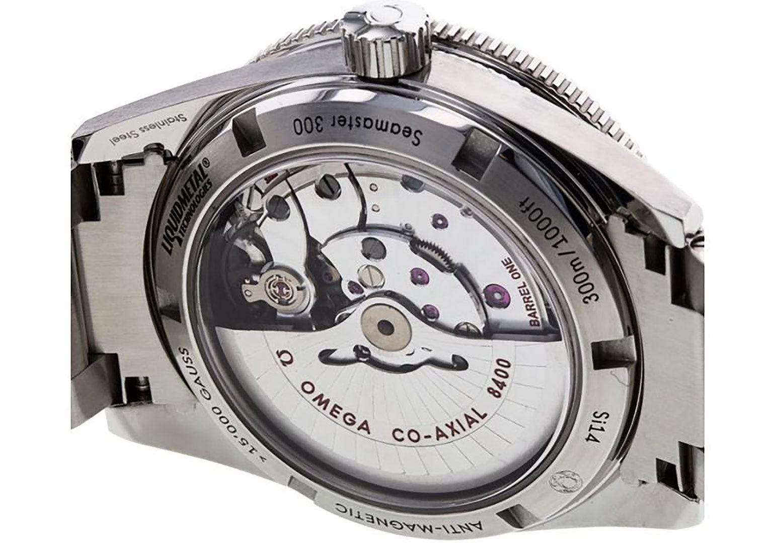 The automatic movement seen through the Omega's open caseback 