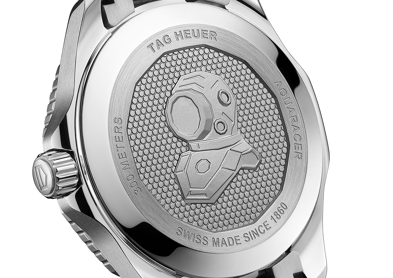 The Aquaracer's caseback with deep-sea diver helmet engraving