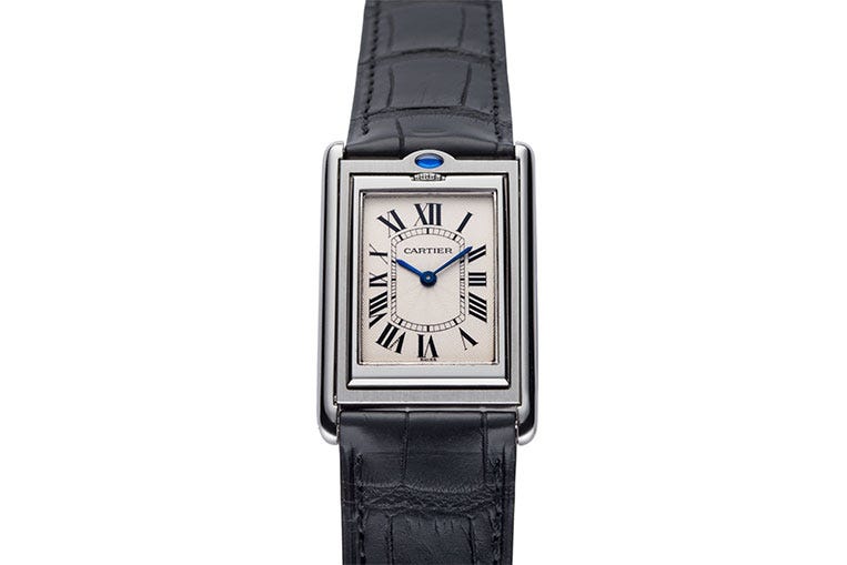The rectangular case and Roman numerals are distinctive Cartier